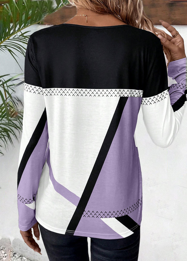 Patchwork Geometric Print Long Sleeve T Shirt