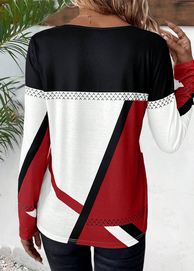 Patchwork Geometric Print Long Sleeve T Shirt