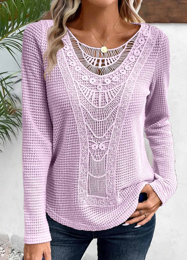 Lace Long Sleeve Round Neck T Shirt