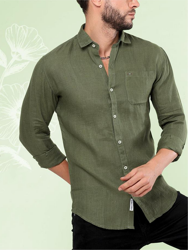 Men's Long-sleeved Button Cotton and Linen Shirt