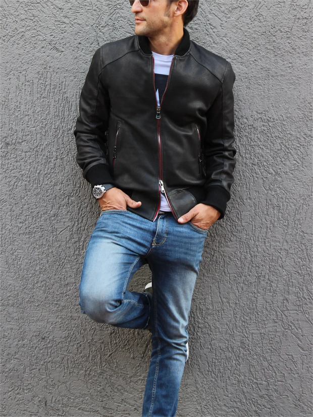 Mens Slim Stand Collar Double Zip Biker Jacket