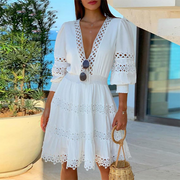 Blaseme White Deep V Neck Lace Trim Mini Dress