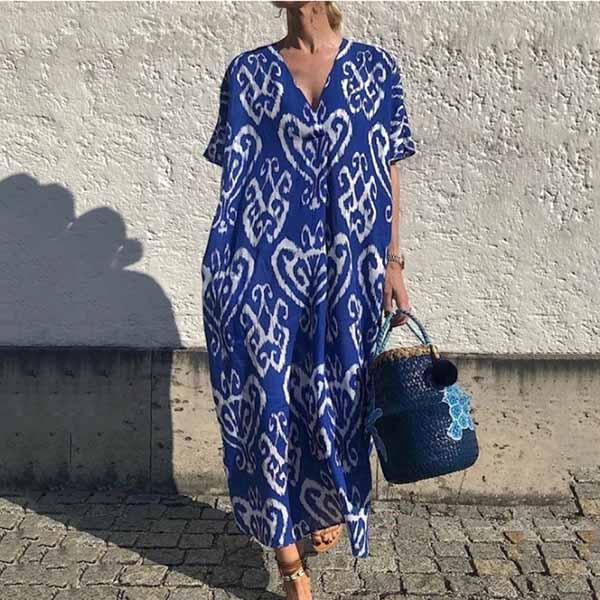 Sexy Printing V-neck Short Sleeve Long Dress