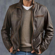 Mens Casual Zipper Stand Collar Leather Jacket