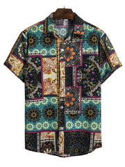 Men's Ethnic Printed Short-sleeved Cotton And Linen Shirt