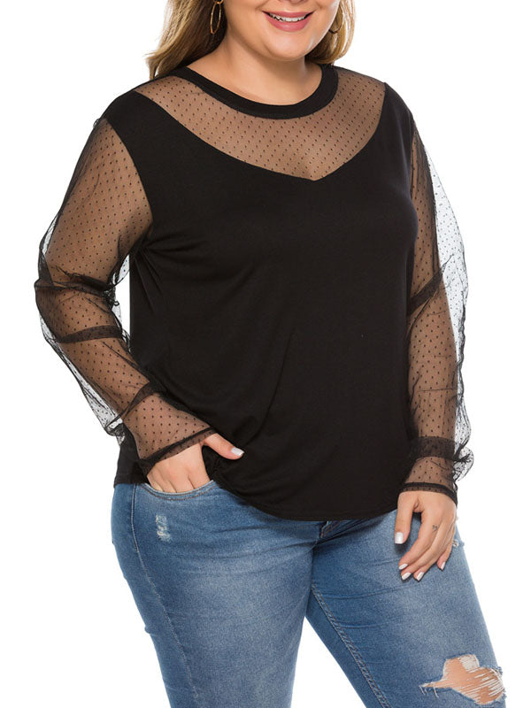 Womens Plus Size Mesh Stitching See-through Long-sleeved Top