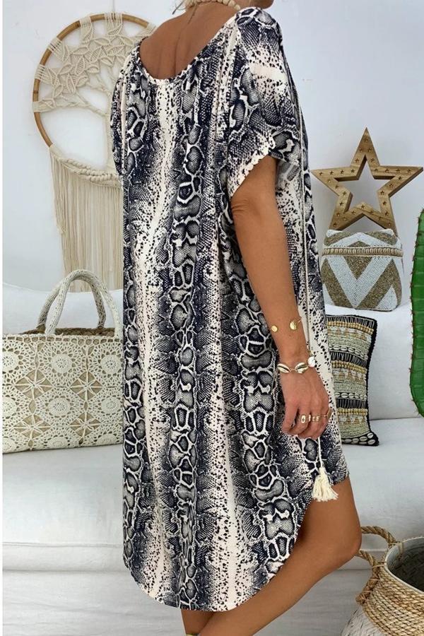 Women Short Sleeve V-neck Printed Midi Dress