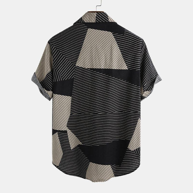 Men's Casual Color Block Striped Short Sleeve Shirt