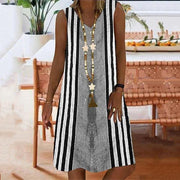 Straight Stripe Printed Sleeveless V-neck Midi Dress