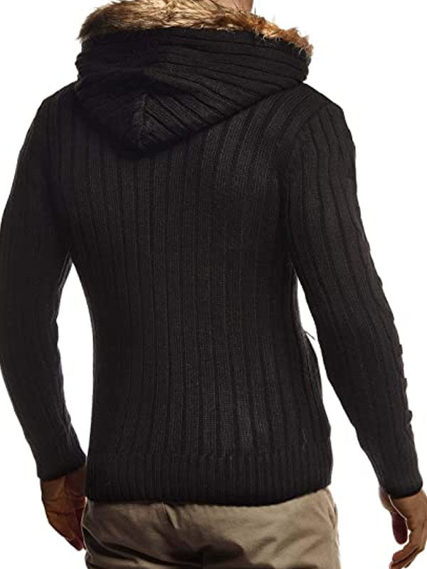 Mens Casual Diagonal Zipper Plus Fleece Hooded Sweater Coat