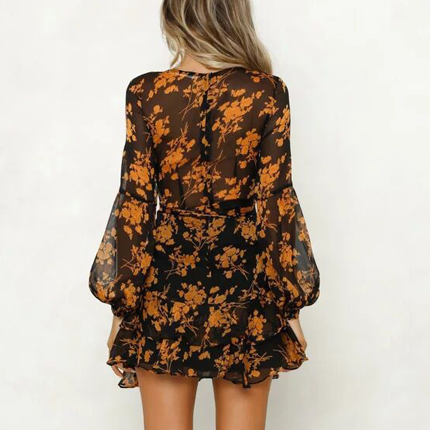 Fashion flower print long sleeve dress