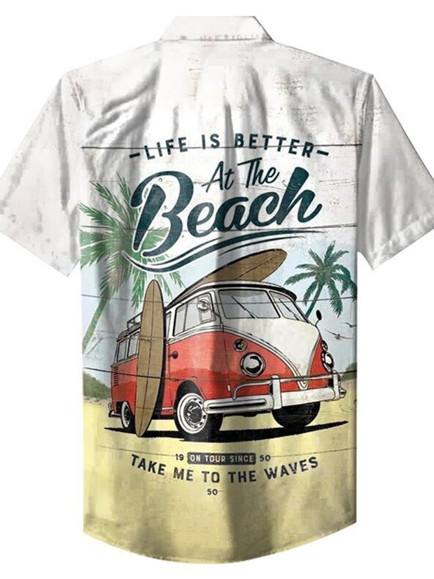 Retro car beach print short sleeve shirt