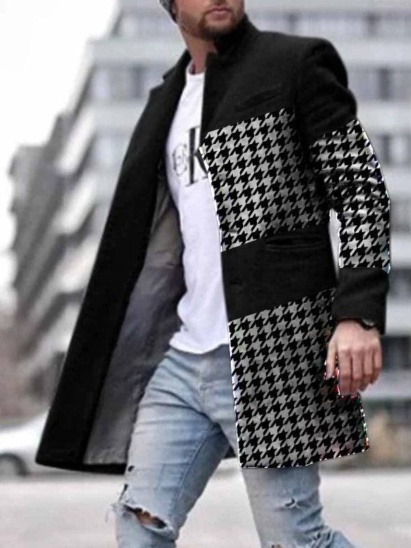 Mens Black Stand-Collar Houndstooth Patchwork Coat