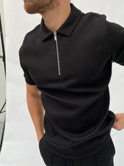 Black and white herringbone jacquard polo shirt