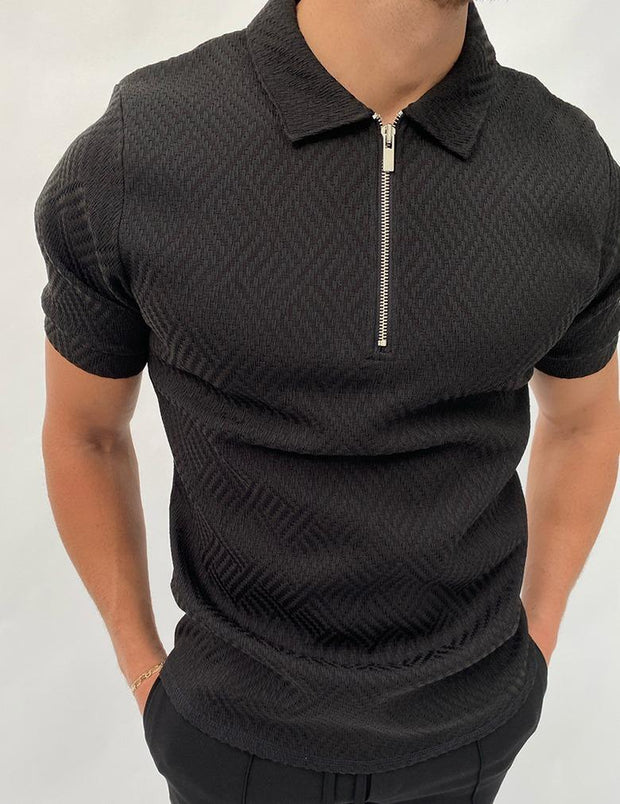 Black and white herringbone jacquard polo shirt