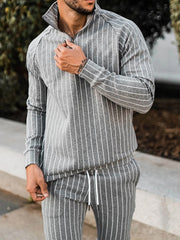 Mens Striped Fitness Running Long Sleeve Sweater Slim Pants Set