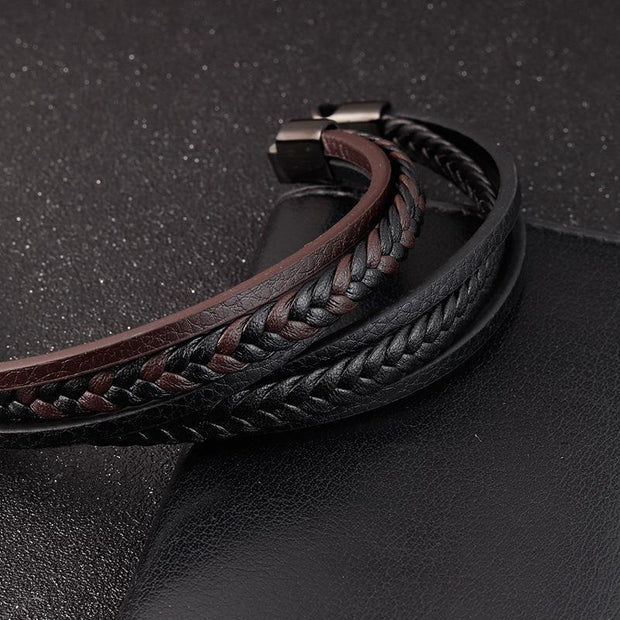 Creative Simple Titanium Steel Double Layer Men's Leather Bracelet