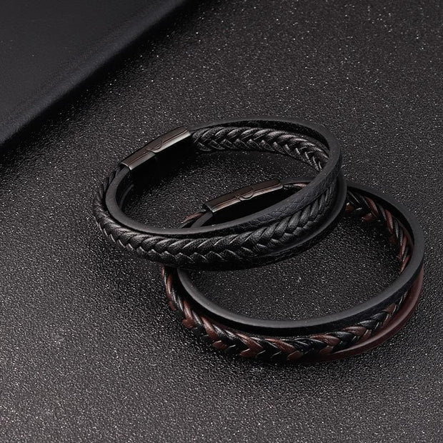 Creative Simple Titanium Steel Double Layer Men's Leather Bracelet