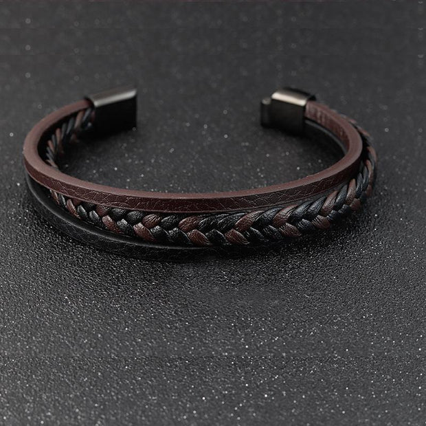 Creative Simple Titanium Steel Double Layer Men's Leather Bracelet