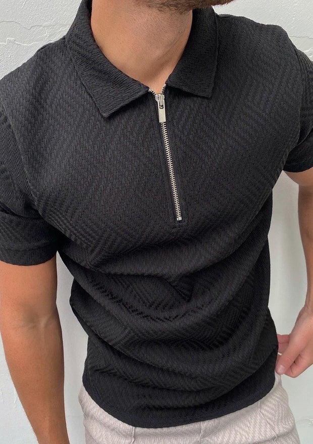 Black and white herringbone jacquard polo shirt