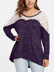 Plus Size Patchwork Holoow Lace Long T-shirt