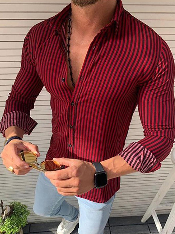 Men's Striped Long Sleeve Button Lapel Casual Shirt