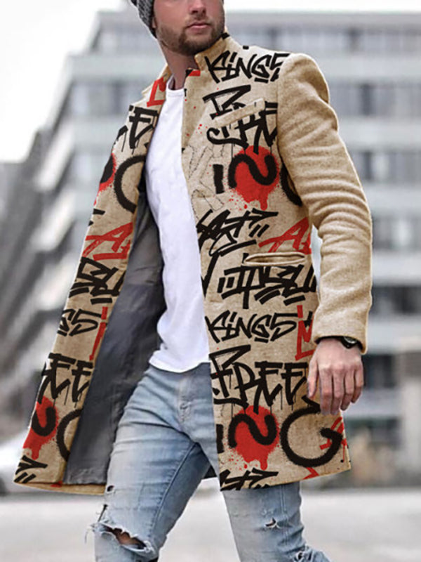 Mens Fashion Printed Stand  Coat