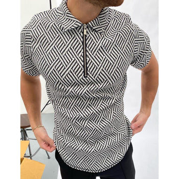 Black and white herringbone jacquard polo shirt