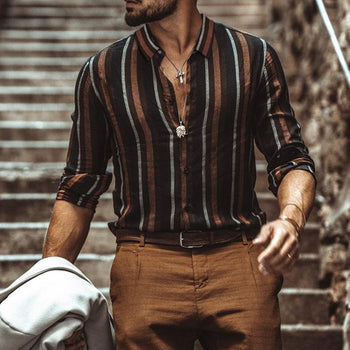 Men's Striped Slim Multicolor Lapel Long Sleeve Shirt