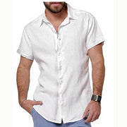 Mens Lapel Cotton Linen Shirt Short Sleeve Shirt