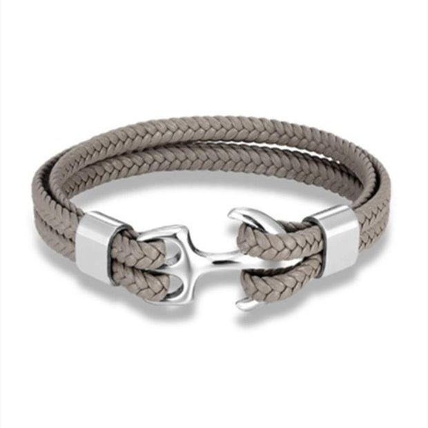 Men's Titanium Steel Cowhide Braided Anchor Bracelet