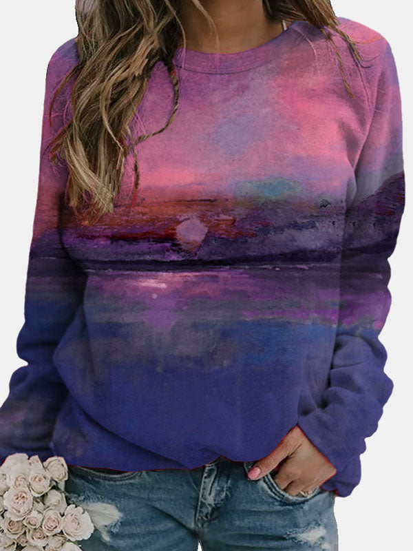 Retro Round Neck Long Sleeve Tapered Tie-dye Sweatshirts