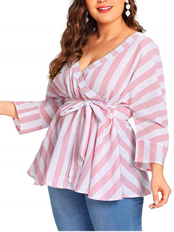 Plus size striped V-neck long-sleeved waist T-shirt