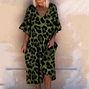 Neocozy Sexy V-neck Lotus Leaf Sleeve Leopard Print Medium-length Dress