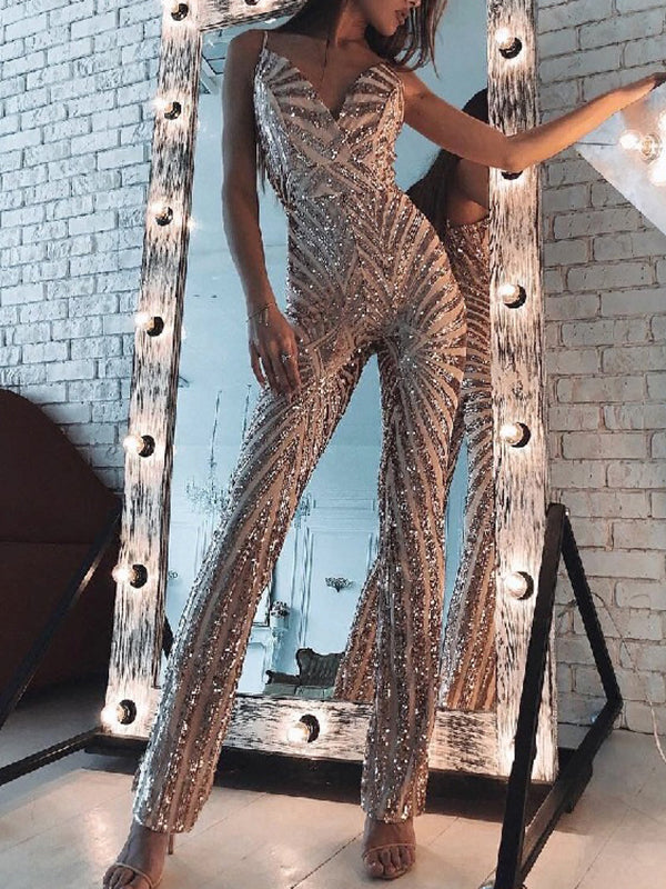 Blaseme Fashion V-neck sequined waist party jumpsuit