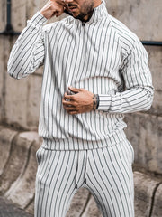 Mens Striped Fitness Running Long Sleeve Sweater Slim Pants Set