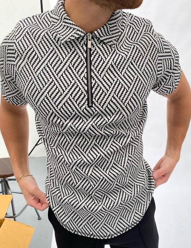 Black and white herringbone jacquard polo shirt