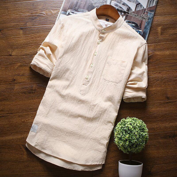 Men's Slim Half Sleeve Cotton Stand Collar Shirt