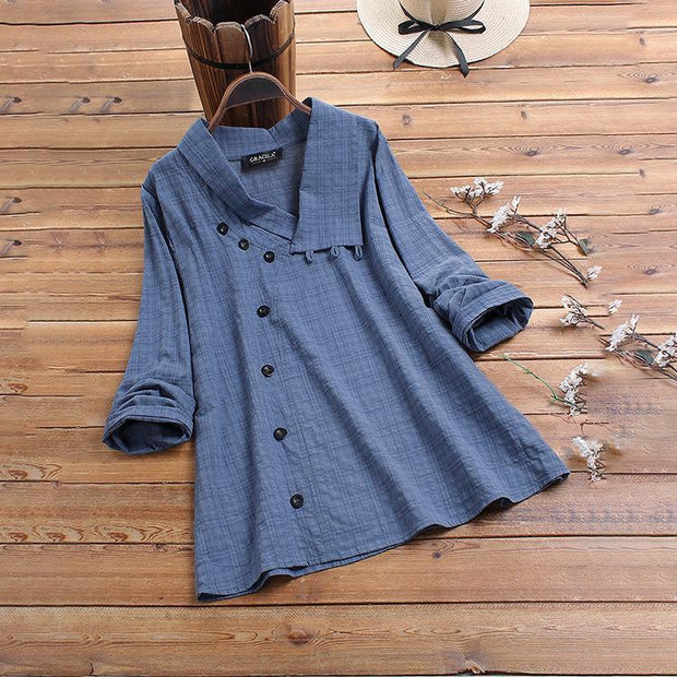 Women Button Plaid Print Lapel Long Sleeve Blouse