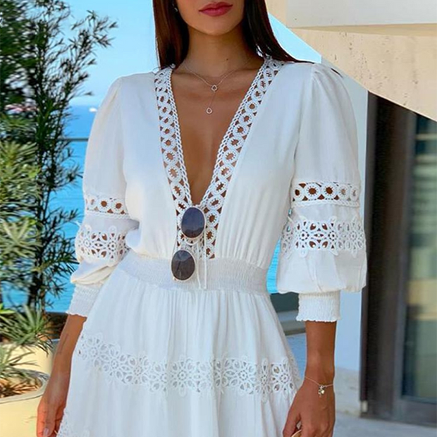 Blaseme White Deep V Neck Lace Trim Mini Dress