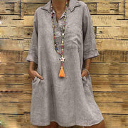 Fashion Solid Color Seven Sleeve Cotton Linen Dress