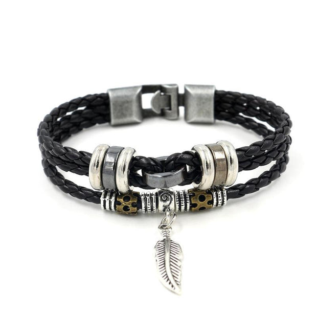 Retro Fashion PU Woven Beaded Small Leaf Pendant Leather Cord Bracelet