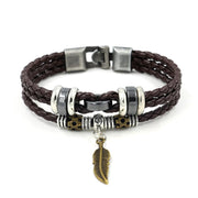 Retro Fashion PU Woven Beaded Small Leaf Pendant Leather Cord Bracelet