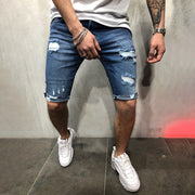 Blue Ripped Slim-Fit Denim Shorts