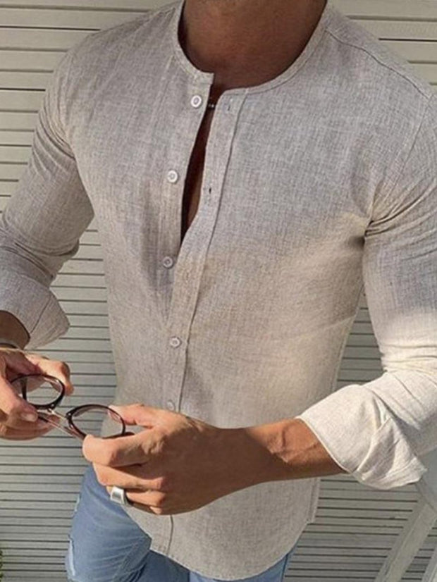 Men's Round Neck Linen Solid Color Long-sleeved Shirt