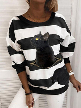 Fashion Long-sleeved Striped Kitten Print Sweatshirts