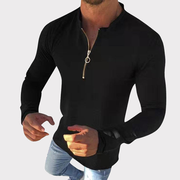 Bunivo Solid Color Front Zipper Stand Collar Long Sleeve T-Shirt