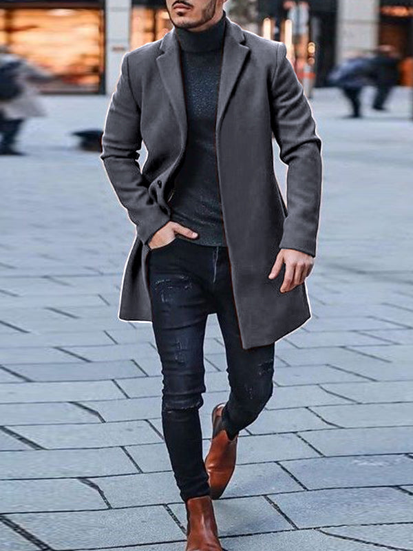 MenS Lapel Single-Breasted Woolen Blend Coat