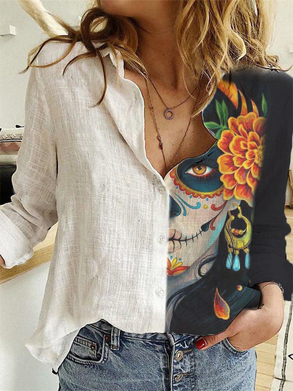 Women Retro Printed Long-sleeved Shirt