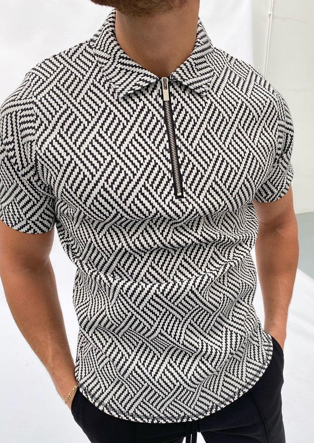 Black and white herringbone jacquard polo shirt